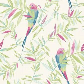 Bird Pattern Tropical Leaf Leaves Painted Motif Wallpaper