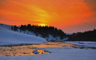 River Sunset Snow Hills Trees Winter Reflection Wallpaper