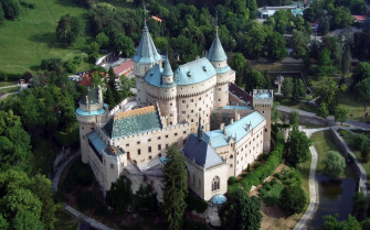 Castle Bojnice Slovakia Fort Trees Sky Bridge Water Wallpaper