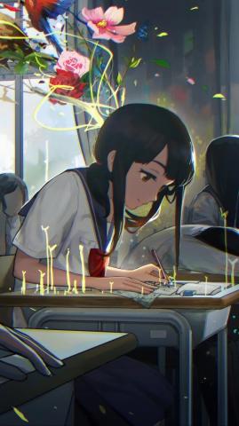 Anime School Girl Classroom Studying Wallpaper iPhone Phone 4k 1350f