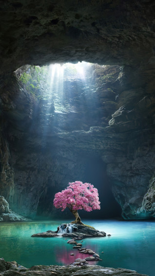 Beautiful Cherry Blossom Cave Lake Scenery 4k Wallpaper