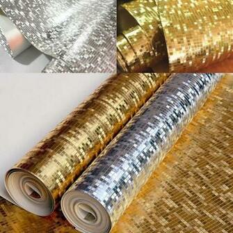 Silver Gold Mini Mosaic Tiles Wallpaper Roll Damask Embossed Feature