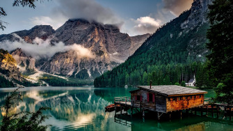 Lake Mountains Nature Cottage 4k Wallpaper