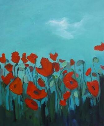 Red Poppies Teal Background Random Pins
