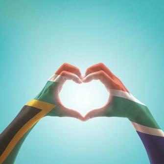 South Africa Flag On Woman Hands In Heart Shape Isolated Mint