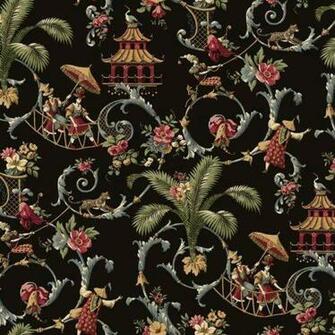 Wallpaper Waverly Mandarin Prose Asian Toile Scroll On Black Palms Pa