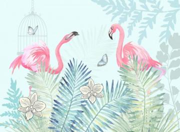 Vintage Pink Flamingo With Tropical Leaves Wallpaper Mural