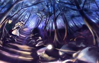 Wallpaper Road Forest Girl Trees Night Nature Anime Art