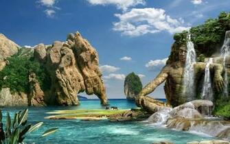Waterfall Over The Stone Statue Widescreen Wallpaper