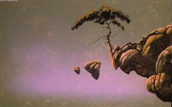 Trees Rocks Roger Dean Artwork Wallpaper