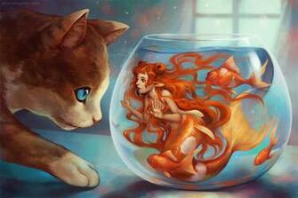Cat Fish Mermaid Animal Fantasy HD Wallpaper Background Image Photo