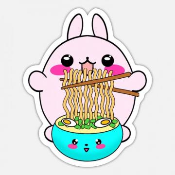 Cute Pink Funny Kawaii Bunny Eating Ramen Noodles Sticker