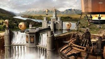 Fantasy City Castle Mountain River Waterfall Steampunk