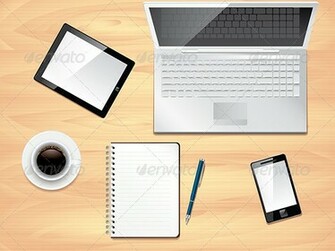 Office Desk Top Photo Realistic Vector Background Business