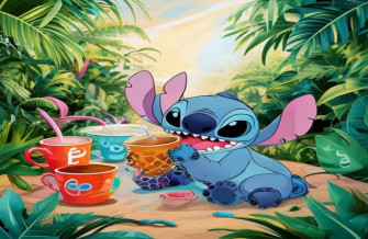 Stitch Drinking Boba Wallpaper
