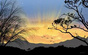 Sunrise Trees Silhouettes Wallpaper