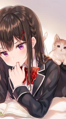 Anime Girl Studying Student Uniform Cute Cat 4k Wallpaper