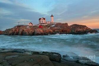 Art Print Dusk Cape Neddick Nubble Light York Beach Maine Wcvb