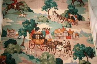 Vintage English Hunting Scene Bark Cloth Fabric By Foundaround