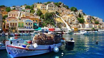 Wallpaper Greece Sea Boats Houses Town Pier UHD 4k