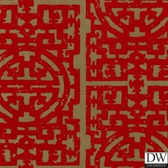 Chinese Fret Flocked Velvet Wallpaper Red Flock On Aged Gold