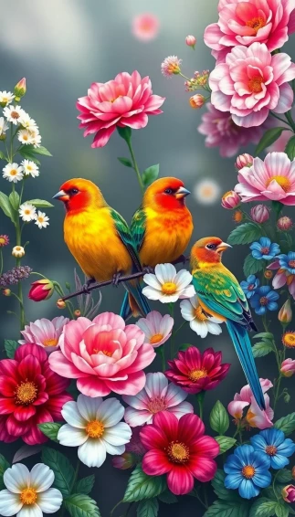 Birds Blooms Wallpaper