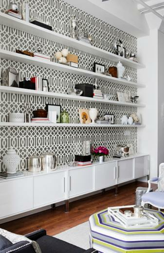 Killer Wall Of Shelves Covered In Imperial Trellis Wallpaper