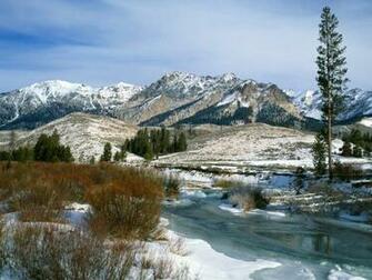 Mountains Bushes Spring Snow Water Idaho Stock Photos