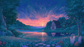 Sunrise Nature Lake Flowers Landscape Cottage Digital Art 4k