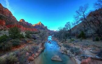 River Zion National Park Landscape Mountains Sky Wallpaper Background