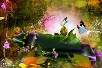 3d Nature Phantasmagoria Butterfly Leaves Forest Magic Flowers
