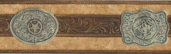 Wallpaper Border Western Cowbell Belt Buckle Brown Tooled Leather
