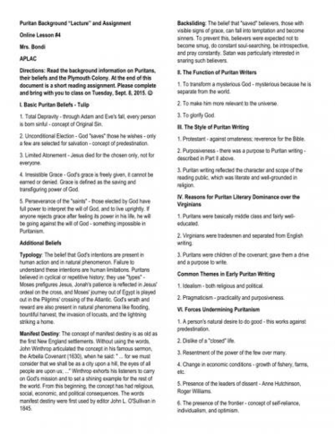 Puritan Background Lecture And Assignment Online Lesson