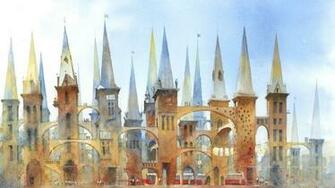 Paintings Architecture Artwork Watercolor Arches Towers Wallpaper