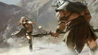 Archer Woman Shooting At Man With Battle Axe Wallpaper Bow