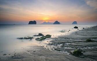 Shore Ocean Rocks Horizon Wallpaper Stock