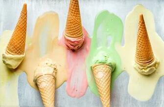 Photos Colorful Ice Cream Cones Of Different Flavors Melting