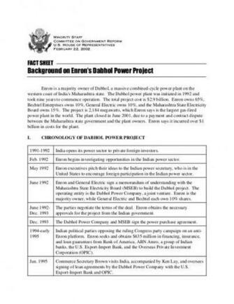Background On Enron S Dabhol Power Project Fact Sheet By The Commit