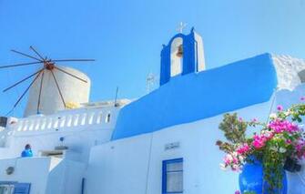 Wallpaper The Sky Flowers House Santorini Greece Image For
