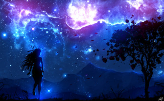 Digital Art Landscape Trees Night Anime Girls Sky Wallpaper HD