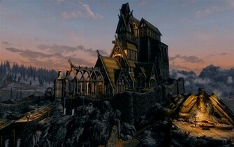 Skyrim Buildings Mountains Night Wallpaper Background Ultra HD 4k