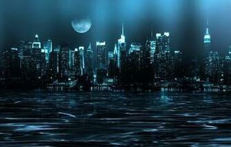City Night River Moon Sky Skyscrapers Wallpaper Photos