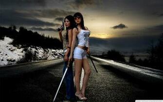 Women Sunsets Hwang Mi Hee Asians Gun Sword Guns Roads Winter