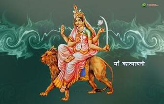 Hindu Wallpaper Maa Katyayani Teal Green And Yellow