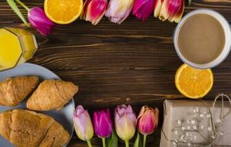 Wallpaper Flowers Breakfast Colorful Tulips Juice Pink Wood