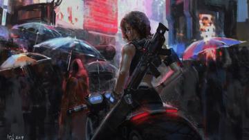 Wallpaper 4k Neon Biker Girl Rain