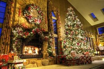 Lighted Green Christmas Tree Near Fireplace HD Wallpaper