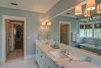 Shiplap Walls Blue Bathroom With White Vanity Painted In Bm