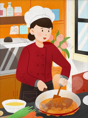 Cartoon Chef Girl Kitchen Cooking Family Psd