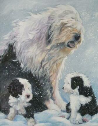 This Drawn Old English Sheepdog With Her Puppies Wallpaper Ed